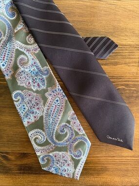 Oscar de la Renta Olive Paisley Silk Tie and Brown Striped Silk Tie
